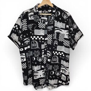 Hot Topic Nope Woven Button Up Shirt Men Black White Pop Art Checkered XL